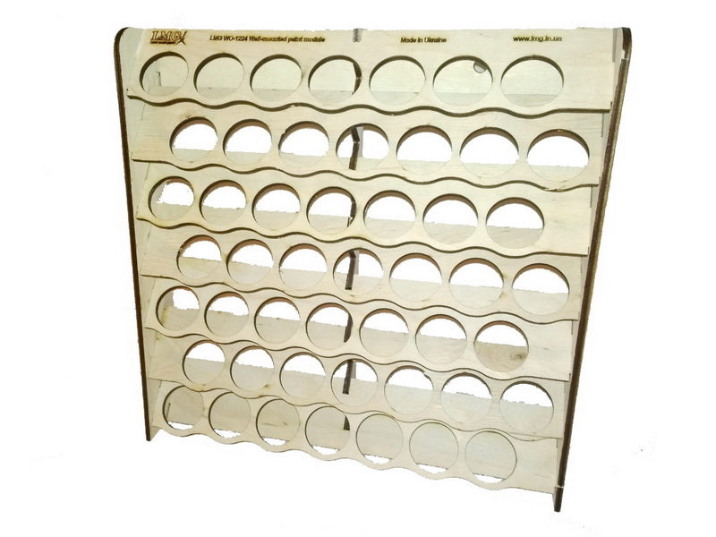 LMG Wall paint rack module (modular workplace) — Ø32 mm · 49 pots / Plywood 4 mm (WO-1224)