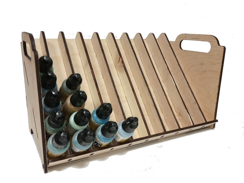 LMG Paint rack 300×150 mm, high capacity — Ø25 mm · 80 pots / Plywood 4 mm (WO-1227)