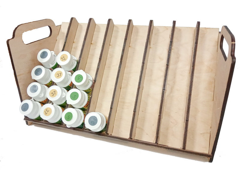 LMG Paint rack 300×150 mm, high capacity — Ø30–32 mm · 48 pots / Plywood 4 mm (WO-1228)