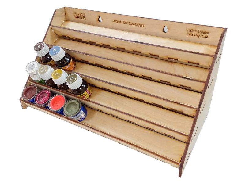 LMG Paint rack 300×150 mm, high capacity — Ø30 mm · 60 pots / Plywood 4 mm (WO-1233)