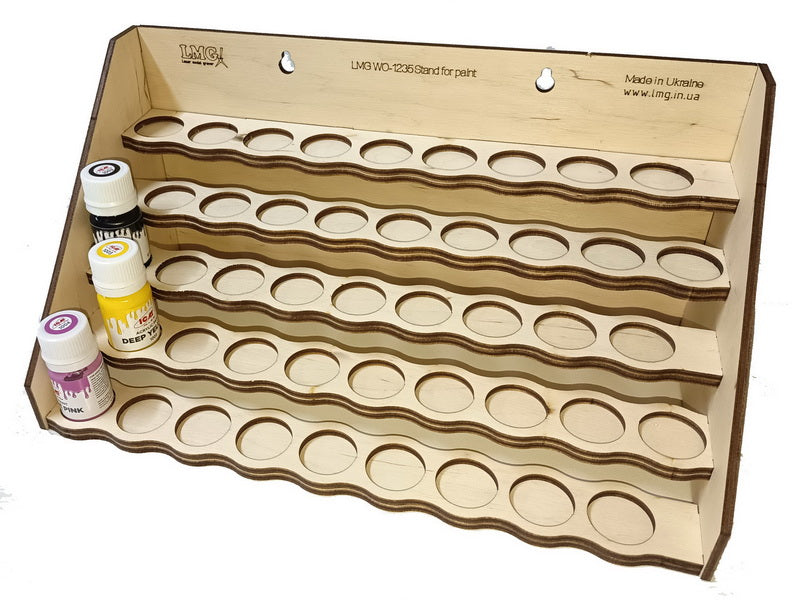 LMG Paint rack 300×150 mm, high capacity — Ø25 mm · 45 pots / Plywood 4 mm (WO-1235)