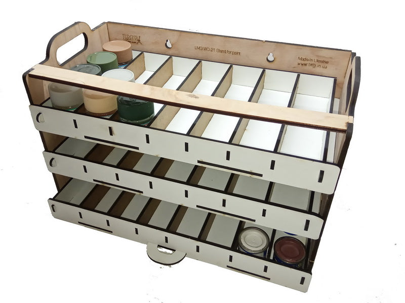 LMG Paint stand with sliding modules — 50 pots · Ø30–35 mm · triple (WO-21)
