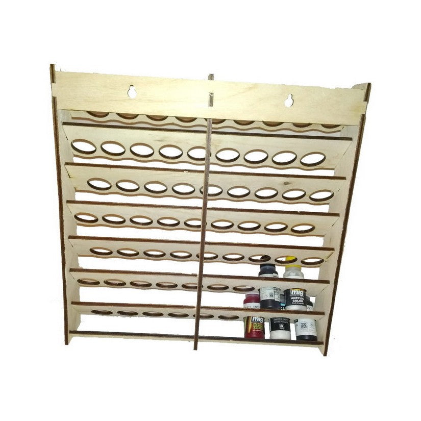 LMG Wall paint rack module (modular workplace) — Ø25 mm · 63 pots / Plywood 4 mm (WO-1226)
