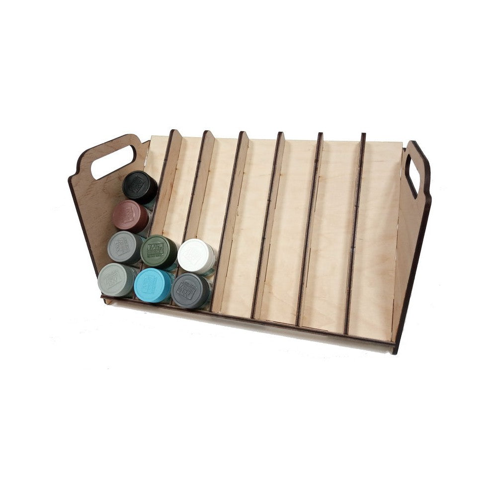 LMG Paint rack 300×150 mm, high capacity — Ø35 mm · 42 pots / Plywood 4 mm (WO-1229)