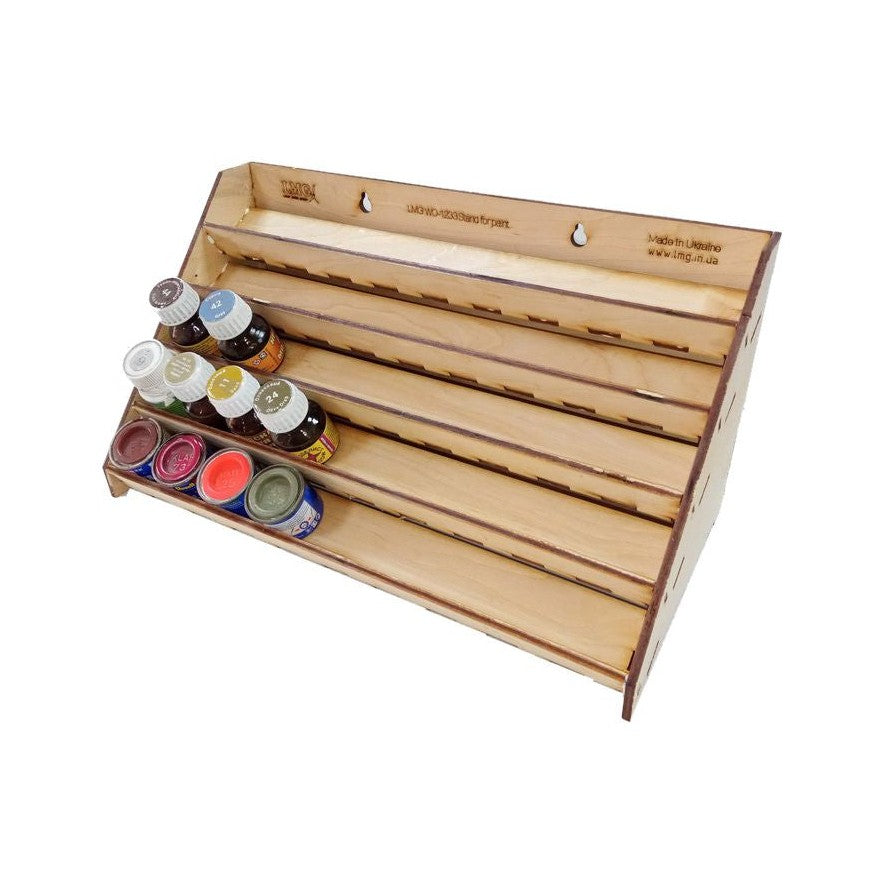 LMG Paint rack 300×150 mm, high capacity — Ø30 mm · 60 pots / Plywood 4 mm (WO-1233)