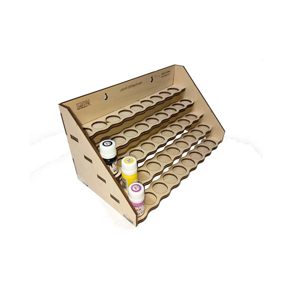 LMG Paint rack 300×150 mm, high capacity — Ø25 mm · 45 pots / Plywood 4 mm (WO-1235)