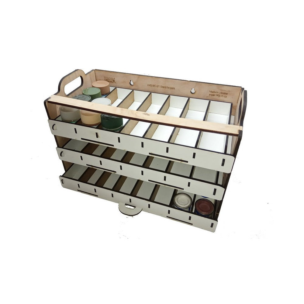 LMG Paint stand with sliding modules — 50 pots · Ø30–35 mm · triple (WO-21)